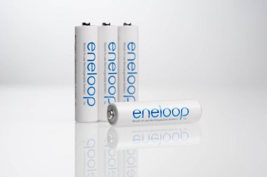 BANGKOK, THAILAND - OCTOBER 07, 2017: The Eneloop AAA rechargeable batteries. Eneloop developed by Sanyo Electric Co., Ltd.(later acquired by Panasonic), introduced in 2005.