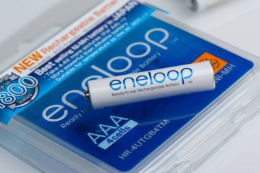 BANGKOK, THAILAND - OCTOBER 07, 2017: The Eneloop AAA rechargeable batteries. Eneloop developed by Sanyo Electric Co., Ltd.(later acquired by Panasonic), introduced in 2005.