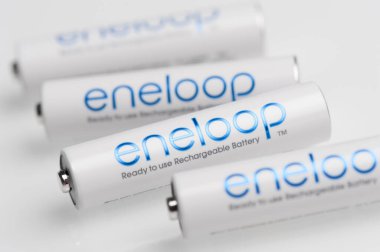 BANGKOK, THAILAND - OCTOBER 07, 2017: The Eneloop AAA rechargeable batteries. Eneloop developed by Sanyo Electric Co., Ltd.(later acquired by Panasonic), introduced in 2005.