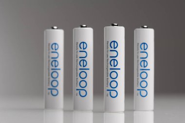 BANGKOK, THAILAND - OCTOBER 07, 2017: The Eneloop AAA rechargeable batteries. Eneloop developed by Sanyo Electric Co., Ltd.(later acquired by Panasonic), introduced in 2005.