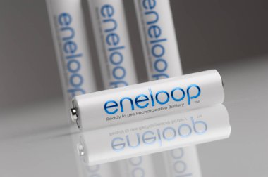 BANGKOK, THAILAND - OCTOBER 07, 2017: The Eneloop AAA rechargeable batteries. Eneloop developed by Sanyo Electric Co., Ltd.(later acquired by Panasonic), introduced in 2005.