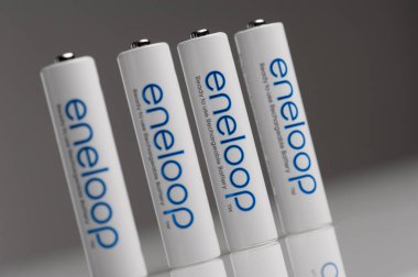 BANGKOK, THAILAND - OCTOBER 07, 2017: The Eneloop AAA rechargeable batteries. Eneloop developed by Sanyo Electric Co., Ltd.(later acquired by Panasonic), introduced in 2005.