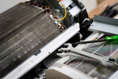 Klima servisi, tamir ve bakım konsepti. İngiliz anahtarına yakın çekim.