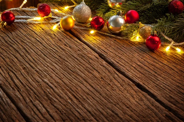 Mesa Madeira Com Abeto Decorações Conceito Natal Ano Novo — Fotografia de Stock