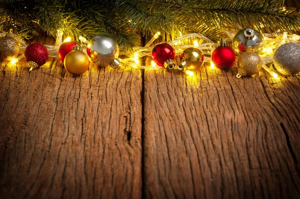 Mesa Madeira Com Abeto Decorações Conceito Natal Ano Novo — Fotografia de Stock