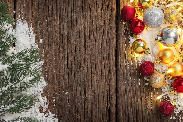 Mesa Madeira Com Abeto Decorações Conceito Natal Ano Novo — Fotografia de Stock