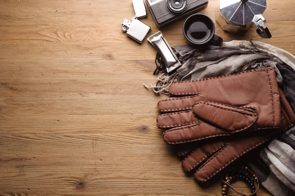 Een Paar Bruine Leren Handschoenen Voor Heren Andere Accessoires Voor — Stockfoto