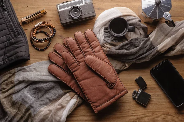 Pareja Guantes Cuero Marrón Para Hombre Otros Accesorios Para Hombre —  Fotos de Stock