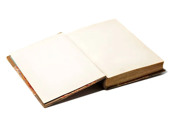 Livre Antique Ouvert Avec Page Blanche Isolée Sur Fond Blanc — Photo