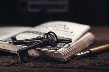 Ahşap masanın üzerinde açılmış eski bir kitap. Sığ alan derinliği.