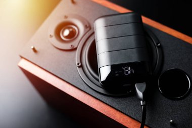 Akıllı telefonun bataryasını siyah güç bankasıyla şarj etmek. Güç bankası görüntüsüne odaklanmış sığ alan derinliği.