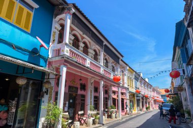 PHUKET, THAILAND - APRIL 19, 2018: Soi Rommanee in Phuket old town with old building in Sino Portuguese style