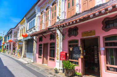 PHUKET, THAILAND - APRIL 19, 2018: Soi Rommanee in Phuket old town with old building in Sino Portuguese style