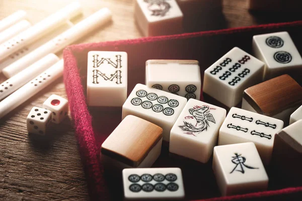 Attrezzature Gioco Mahjong Mahjong Antico Gioco Tavolo Asiatico — Foto Stock