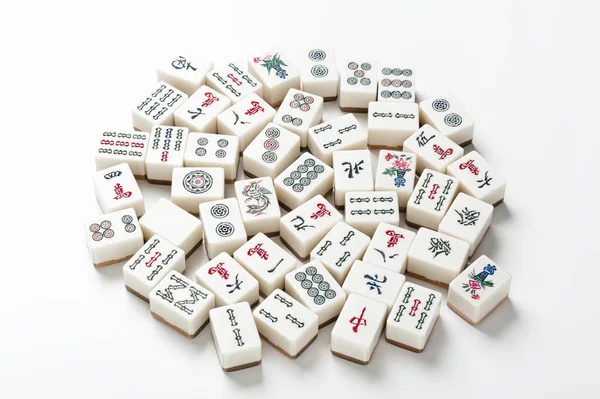 Many Old Mahjong Tiles White Background Mahjong Ancient Asian Board — Stockfoto