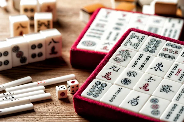 Uitrusting Voor Mahjong Spel Mahjong Het Oude Aziatische Bordspel — Stockfoto