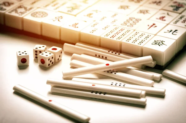Equipos Para Mahjong Juego Mahjong Antiguo Tablero Asiático Juego — Foto de Stock