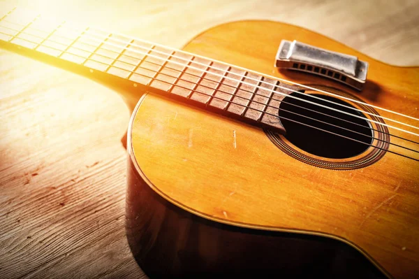 Closeup Classical Guitar Harmonica Wood Background — Stockfoto