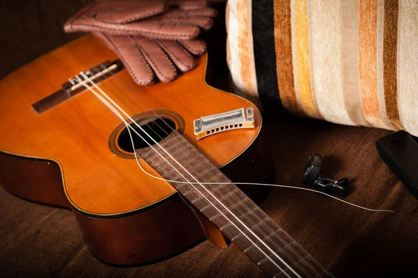 Vintage Classical Guitar Breaked String Sofa — 스톡 사진