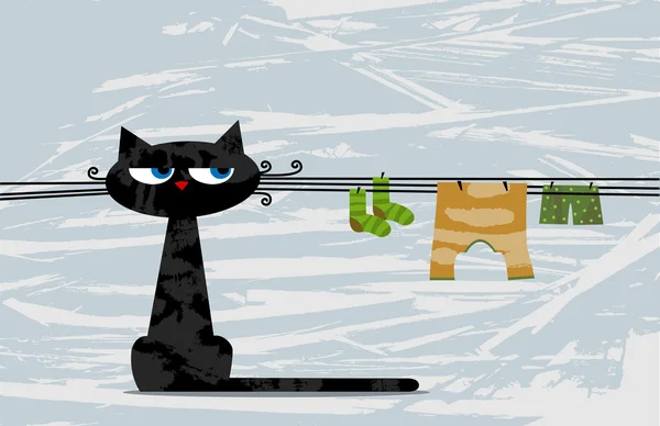 Sentado divertido gato negro y lino — Vector de stock