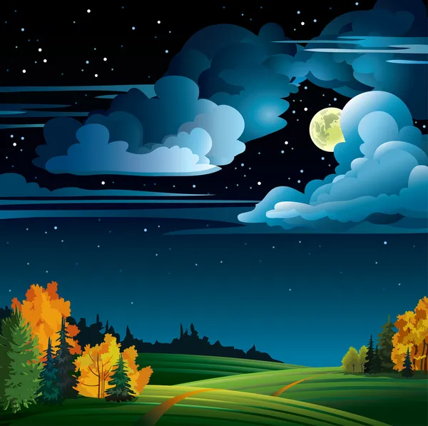 Herbstnacht mit Vollmond und Bäumen am bewölkten Himmel — Stockvektor