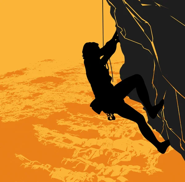 Escalador de rocas sobre fondo de atardecer — Vector de stock