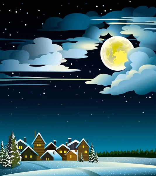 Luna e case inverno — Vettoriale Stock