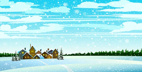 Landsckape de invierno con bosque y casas — Vector de stock