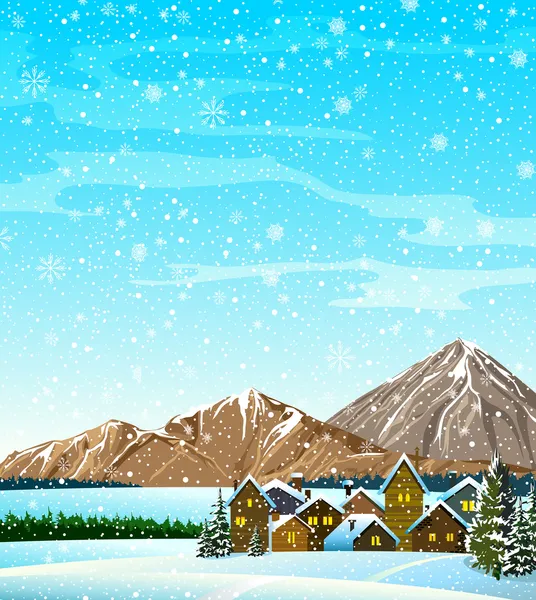 Paisaje invernal con casas y montañas — Vector de stock