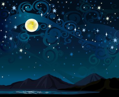 Nigth sky with full moon, mounains and lake