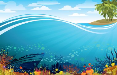 Coral reef with sunken ship under the island clipart