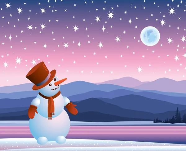 Snowman looking at the moon — Stock Vector