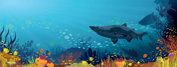 Récif corallien avec requins et silhouette de poisson — Image vectorielle