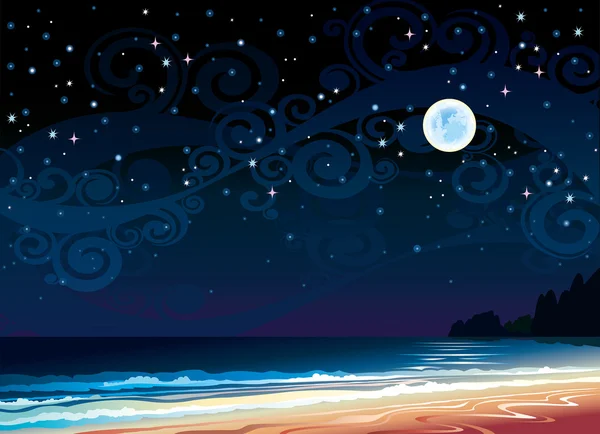 Cielo nublado con luna llena, playa y mar — Vector de stock