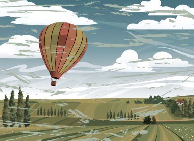 sıcak hava balonu ve kırsal yeşil çayır