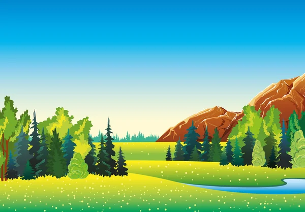 Paysage avec prairie, forêt et montagnes — Image vectorielle