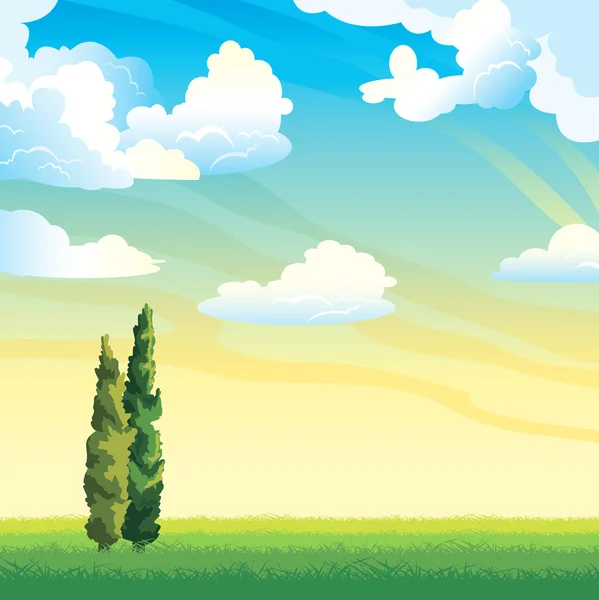 Paysage estival avec nuages et cyoress — Image vectorielle