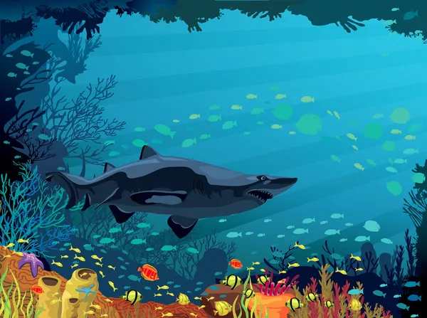 Mercan resif renkli balık ve köpekbalığı — Stok Vektör
