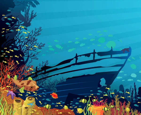 珊瑚礁与彩色鱼 — 图库矢量图片
