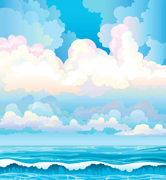 Nubes en un cielo azul y mar con olas — Vector de stock