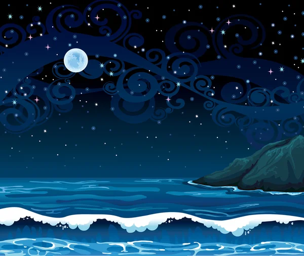 Nacht zeegezicht met golven, eiland en volle maan — Stockvector