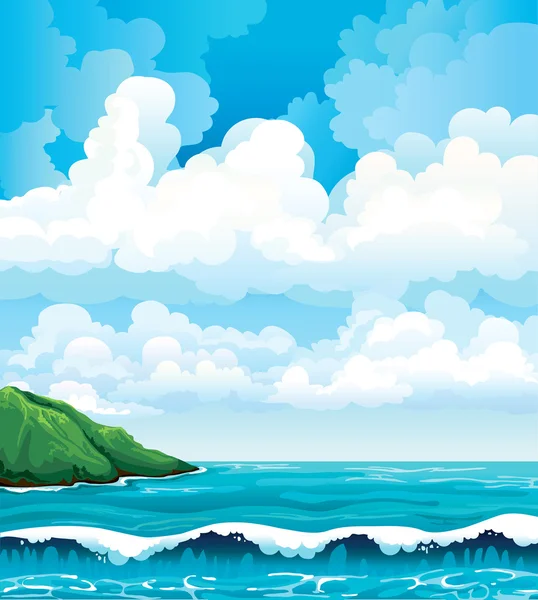 Paisaje de verano con nubes, isla y mar con olas — Vector de stock