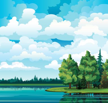 Green summer with trees, clouds and lake clipart