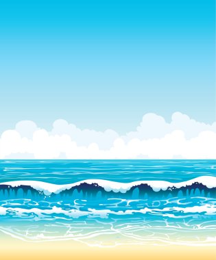 dalgalar ve mavi gökyüzü kumlu plajda denize sıfır
