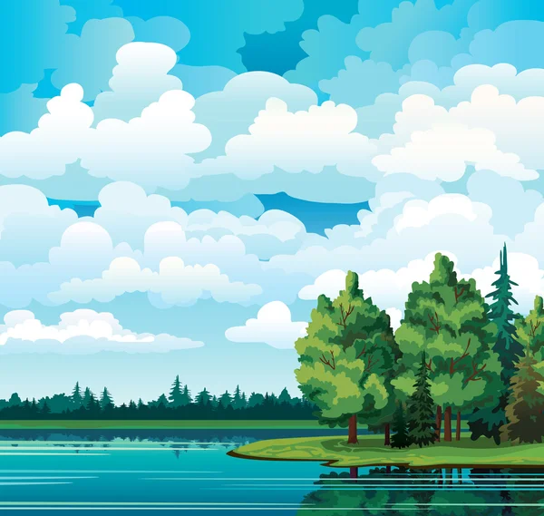 Verano verde con árboles, nubes y lago — Vector de stock