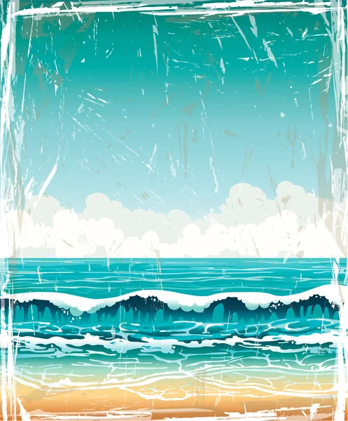Grunge-Landschaft mit Meer, Wellen und bewölktem Himmel — Stockvektor