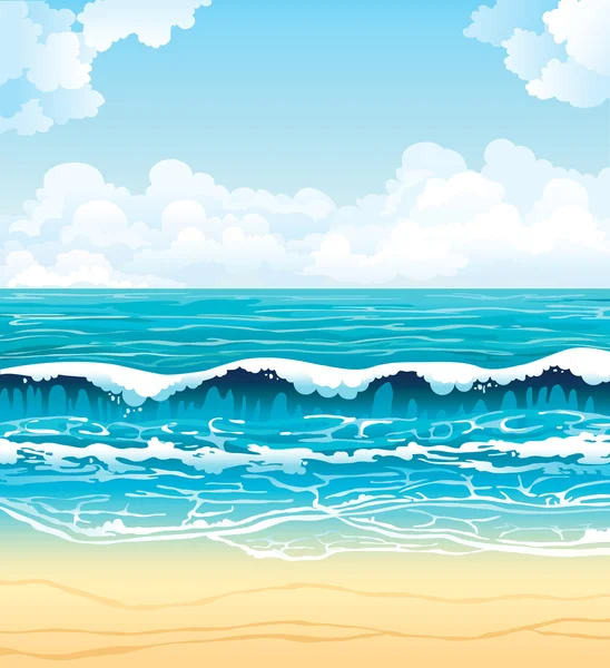 Mar con olas y playa de arena en un cielo nublado — Vector de stock