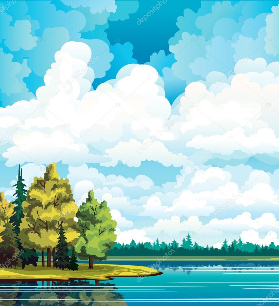 Autumn landscape with trees, lake, forest and clouds