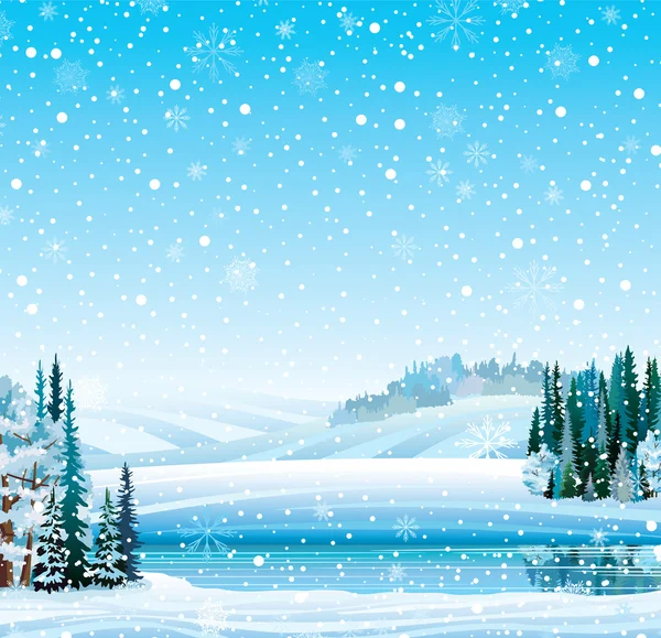 Winter landscape with frozen lake and forest — Stock Vector