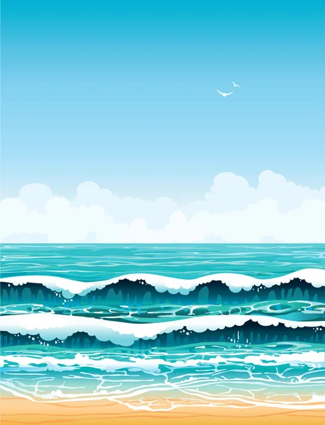 Moře s vlnami a písečnou pláž na modré obloze — Stock fotografie
